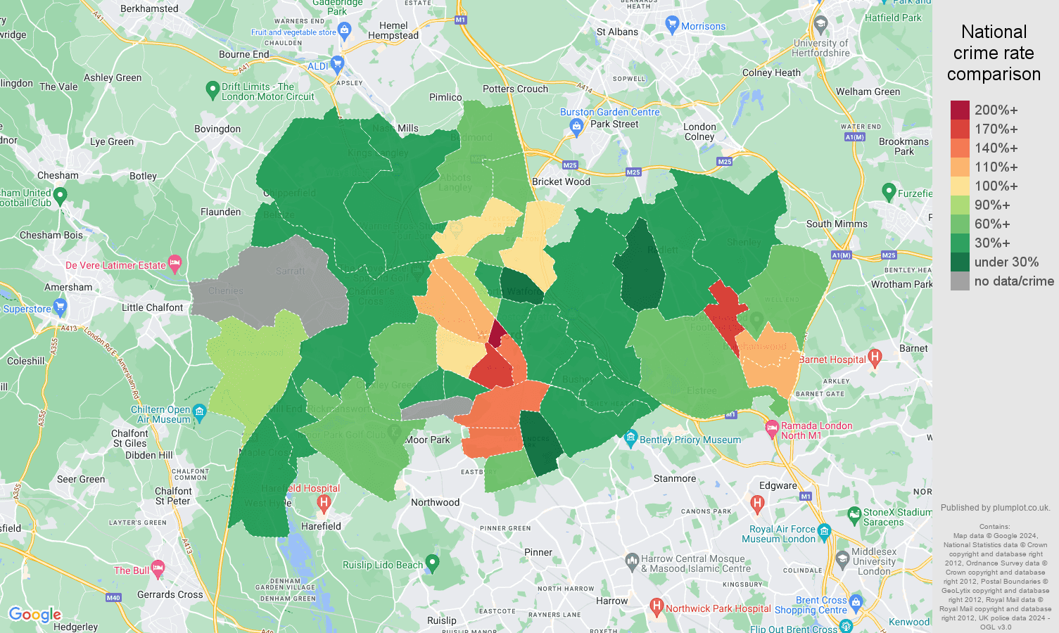 Watford drugs crime rate comparison map