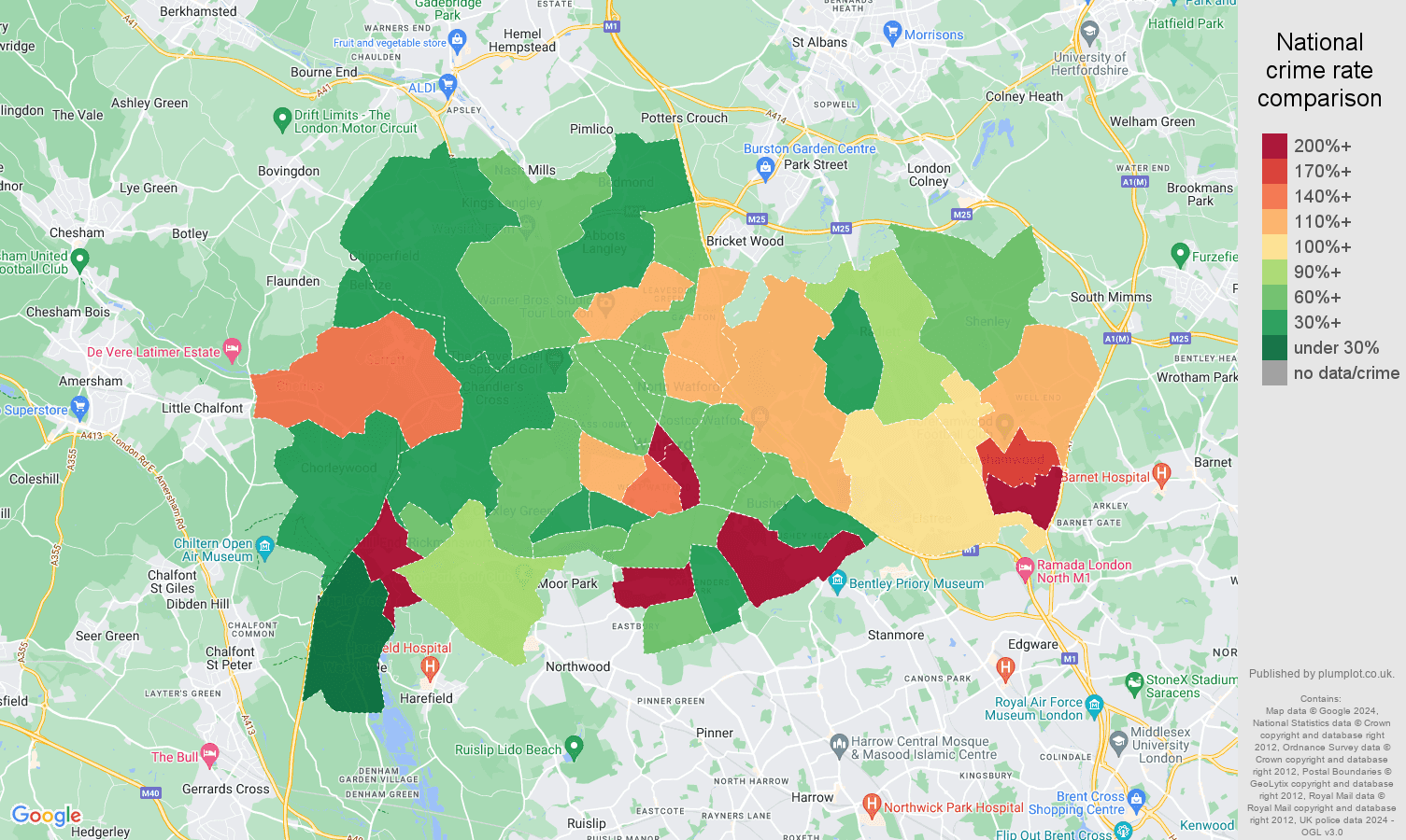 Watford other theft crime rate comparison map