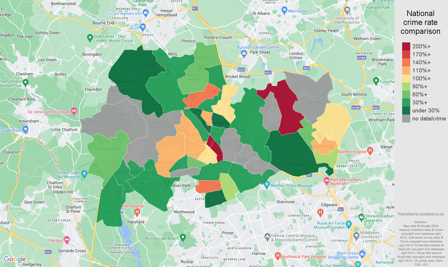 Watford robbery crime rate comparison map