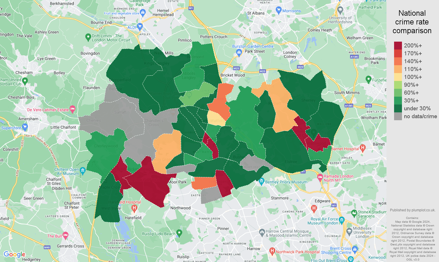 Watford shoplifting crime rate comparison map