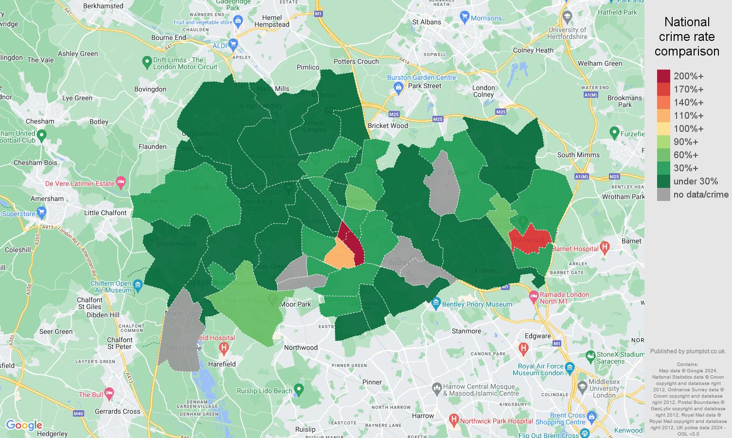 Watford theft from the person crime rate comparison map