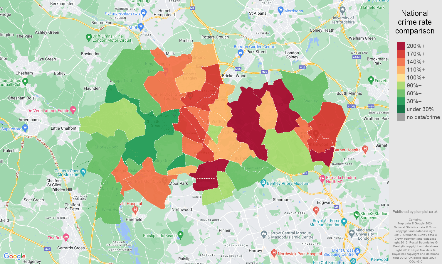 Watford vehicle crime rate comparison map