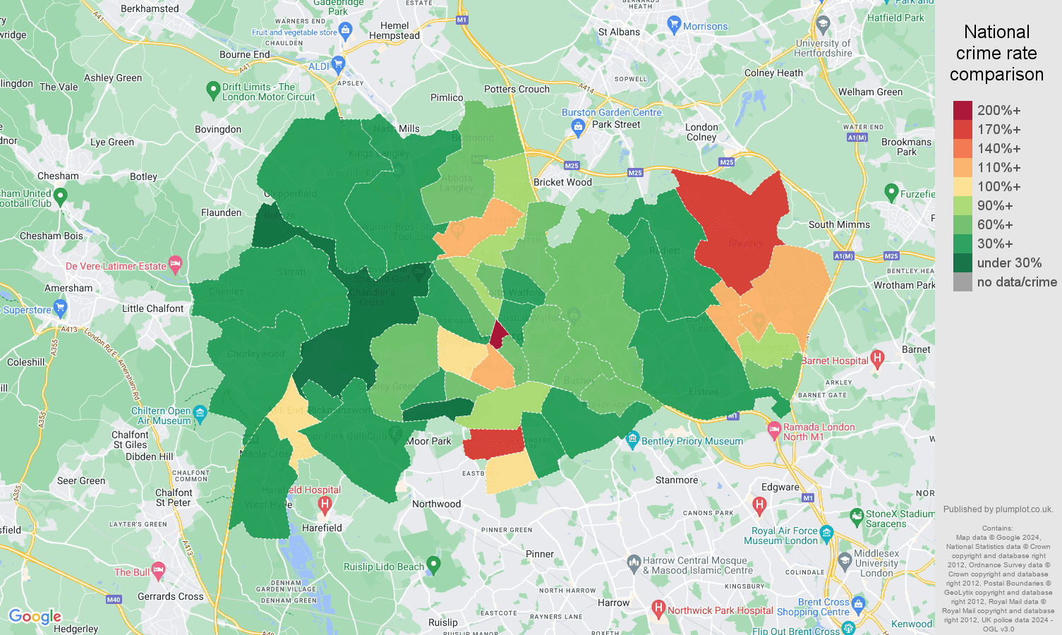 Watford violent crime rate comparison map
