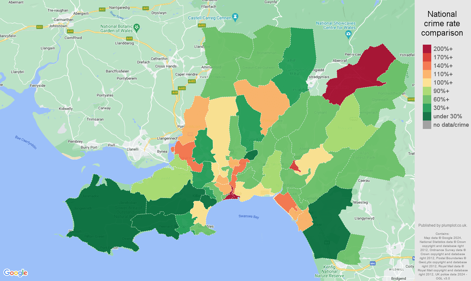 West Glamorgan antisocial behaviour crime rate comparison map
