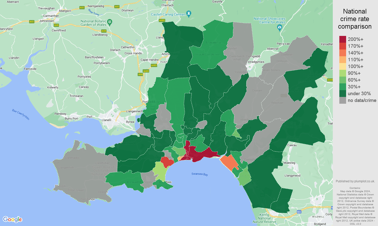 West Glamorgan bicycle theft crime rate comparison map