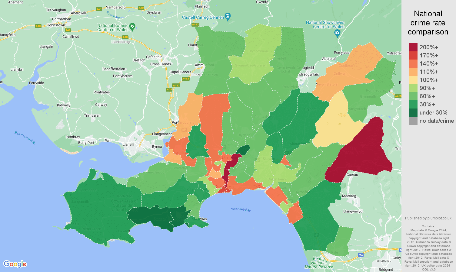 West Glamorgan criminal damage and arson crime rate comparison map