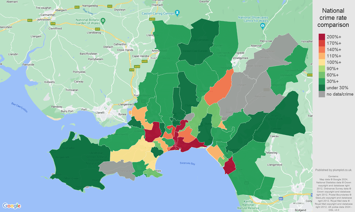 West Glamorgan shoplifting crime rate comparison map