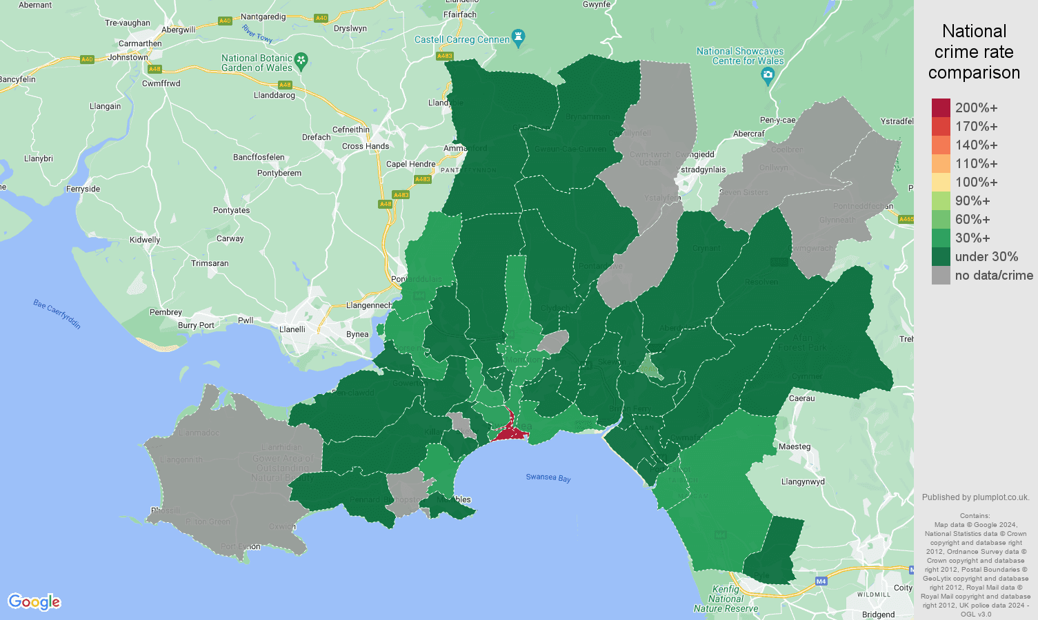 West Glamorgan theft from the person crime rate comparison map