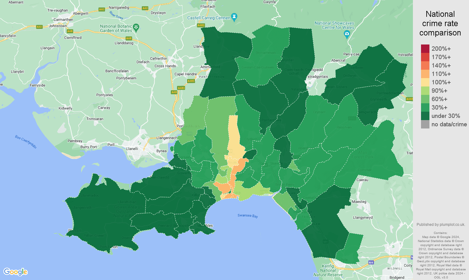 West Glamorgan vehicle crime rate comparison map
