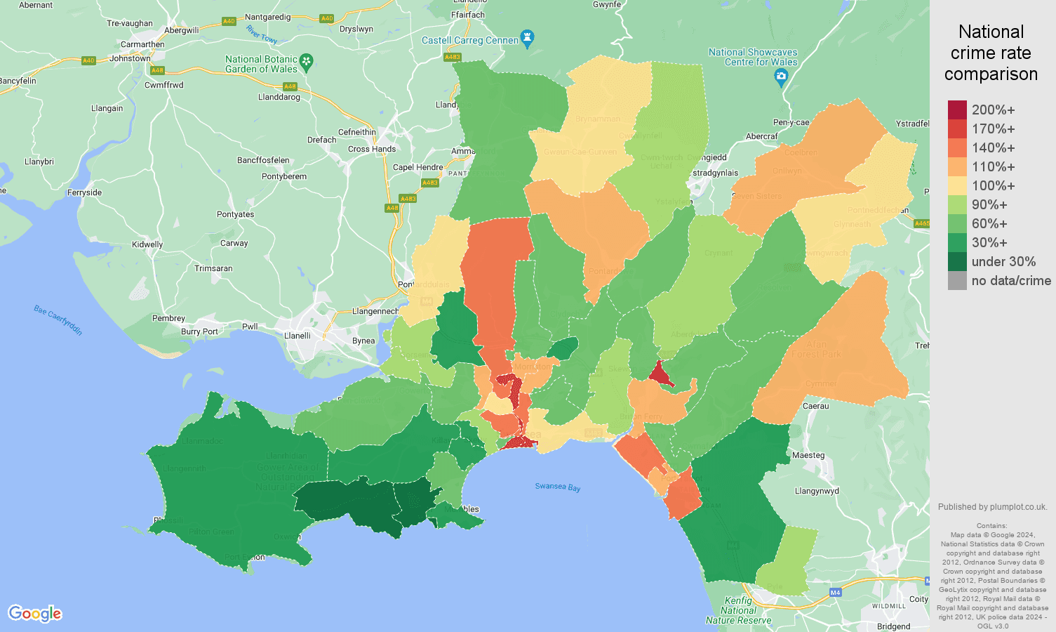 West Glamorgan violent crime rate comparison map