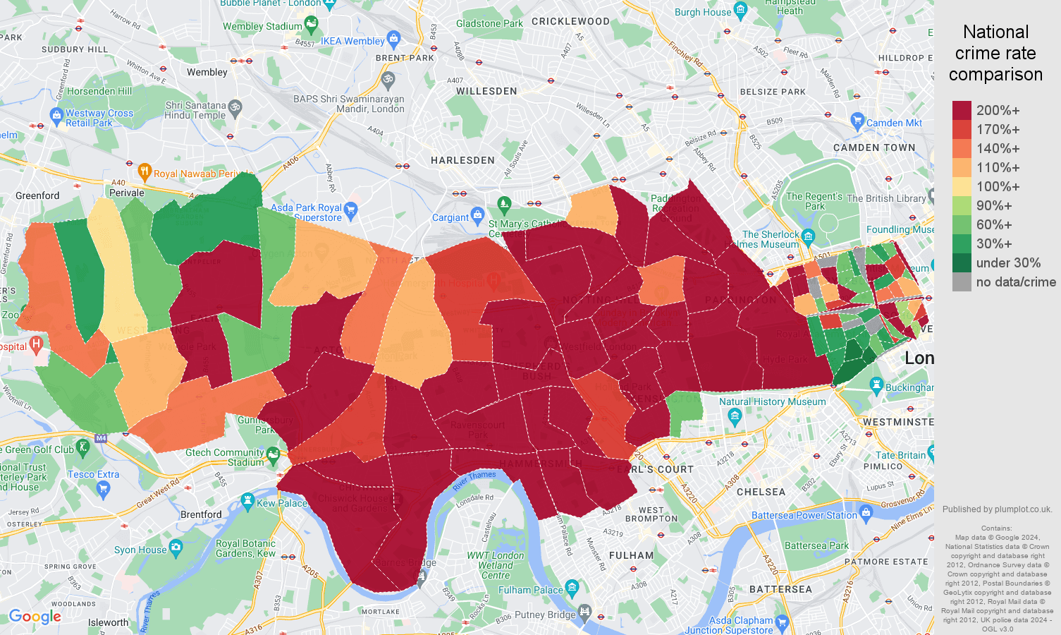 West London bicycle theft crime rate comparison map