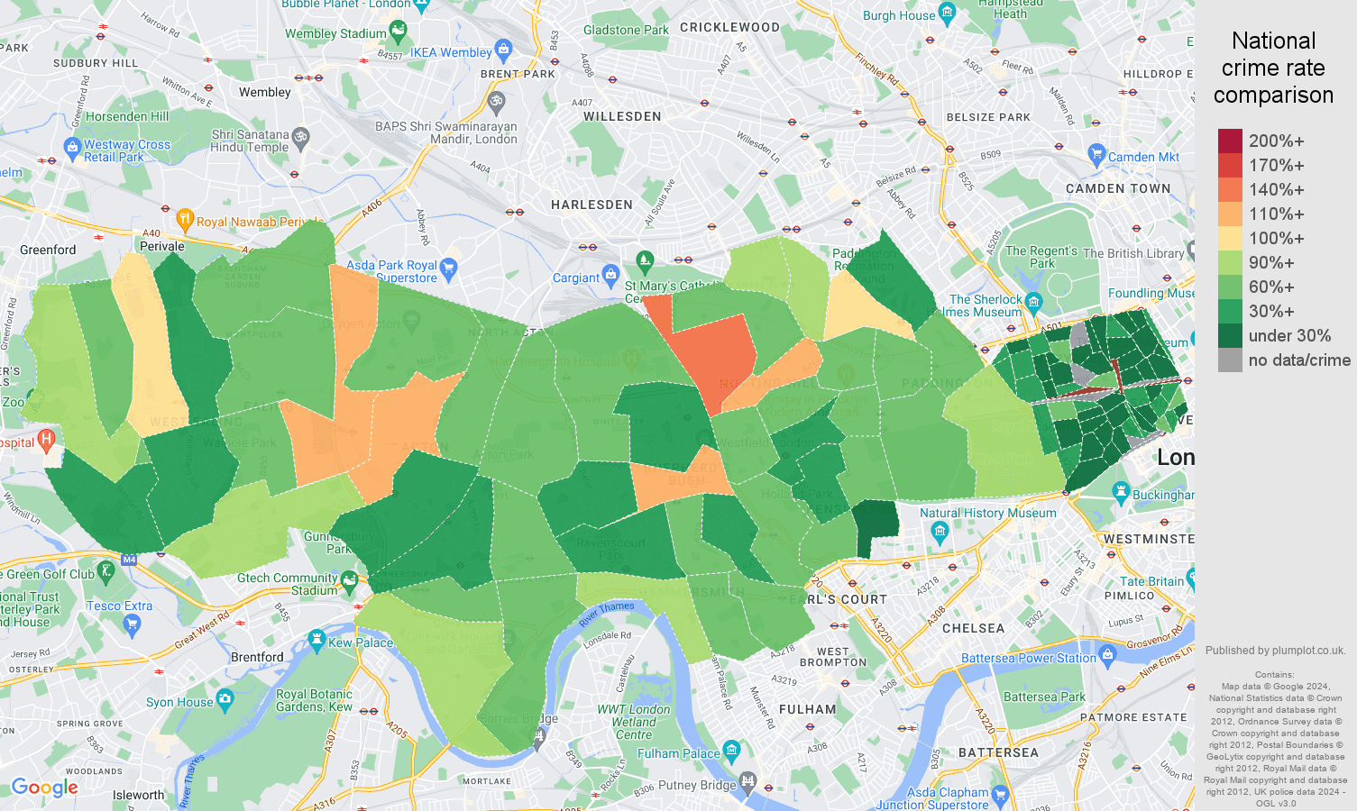 West London criminal damage and arson crime rate comparison map