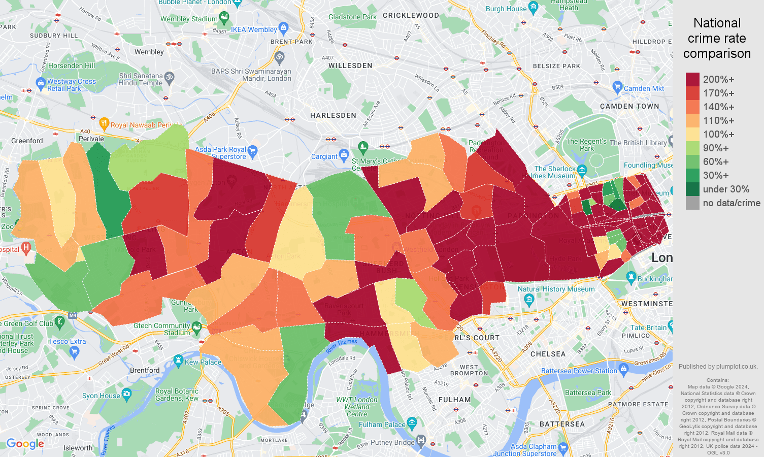 West London other theft crime rate comparison map