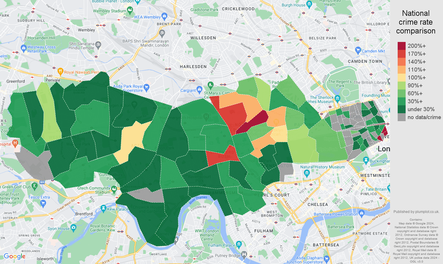 West London possession of weapons crime rate comparison map