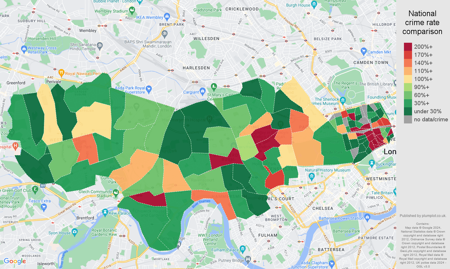 West London shoplifting crime rate comparison map