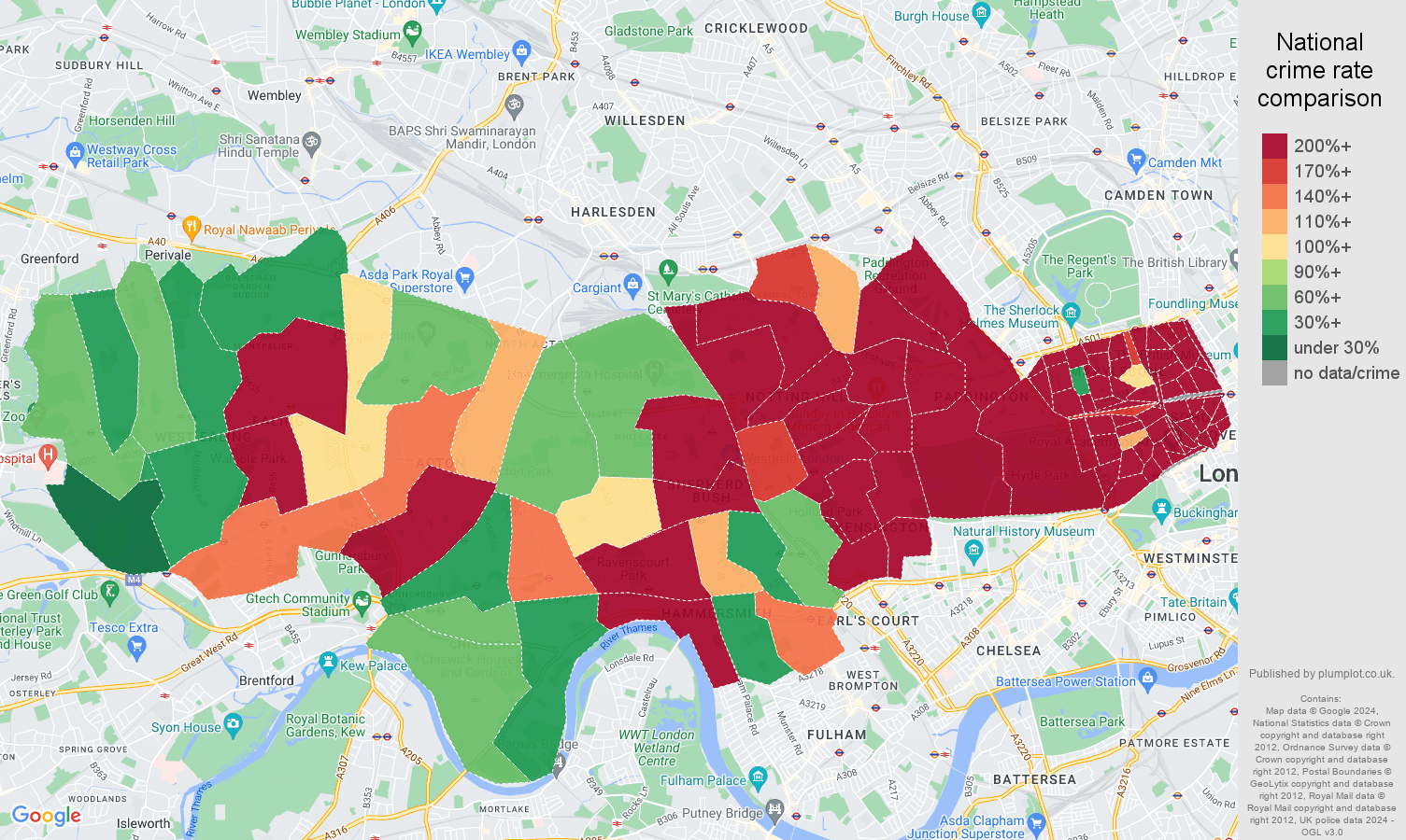 West London theft from the person crime rate comparison map