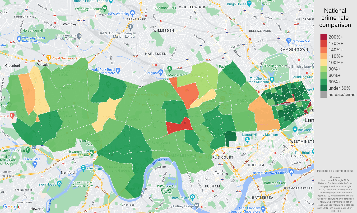 West London violent crime rate comparison map