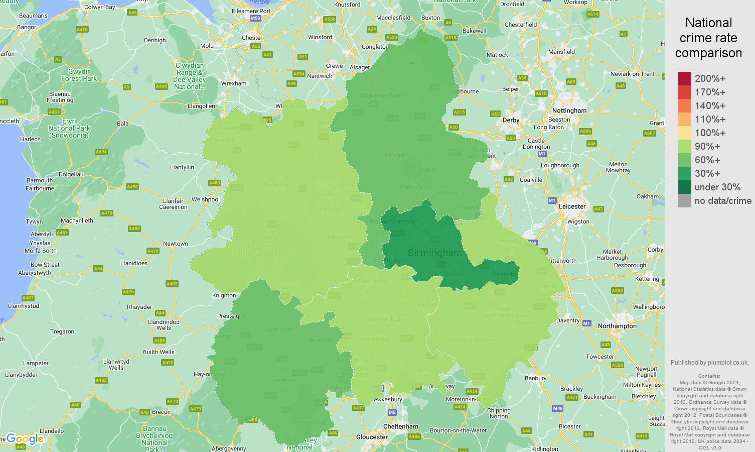 West Midlands antisocial behaviour crime rate comparison map