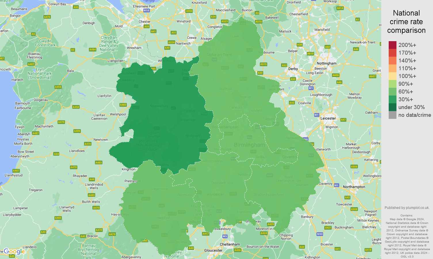 West Midlands bicycle theft crime rate comparison map