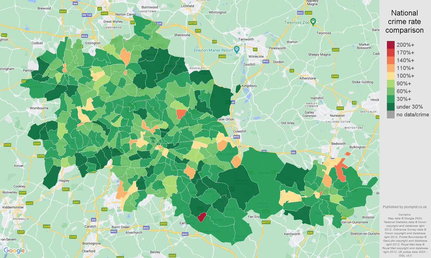 West Midlands county antisocial behaviour crime rate comparison map
