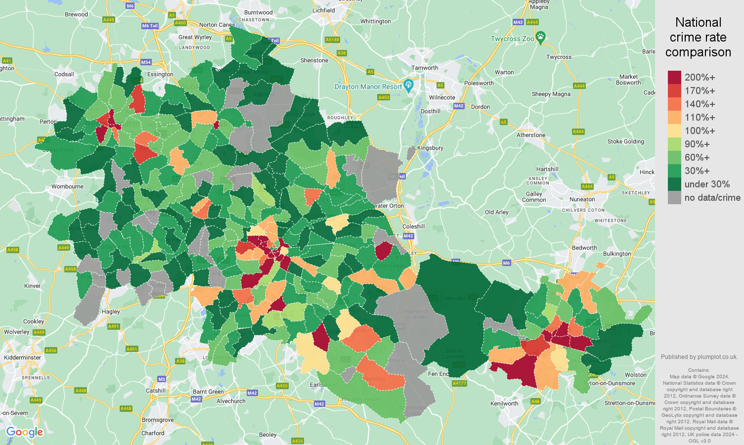 West Midlands county bicycle theft crime rate comparison map