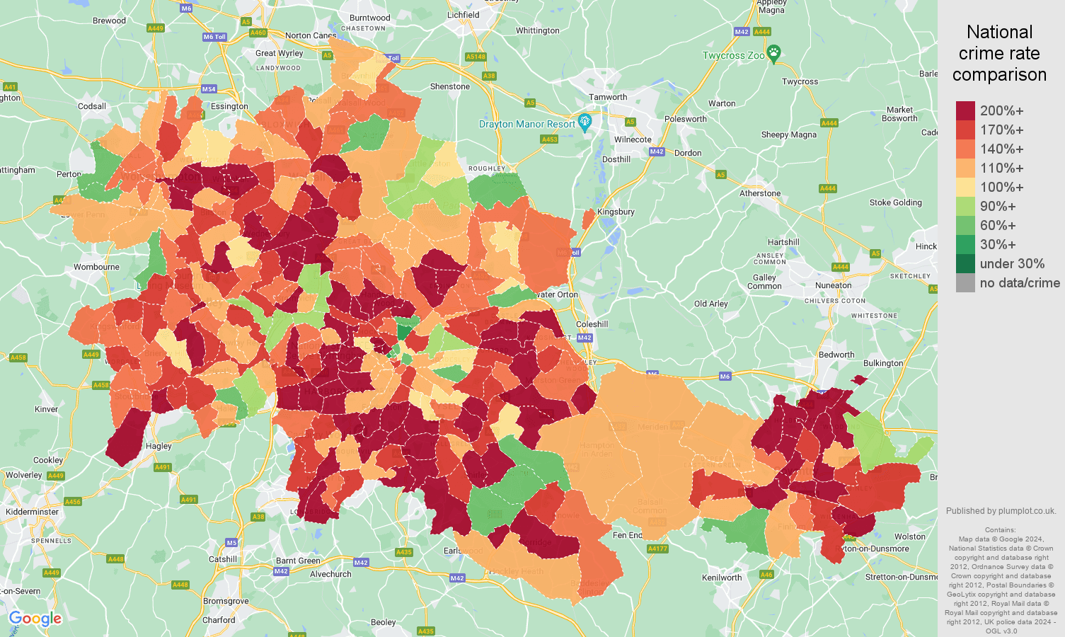 West Midlands county burglary crime rate comparison map