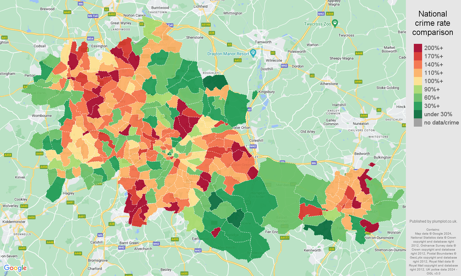 West Midlands county criminal damage and arson crime rate comparison map