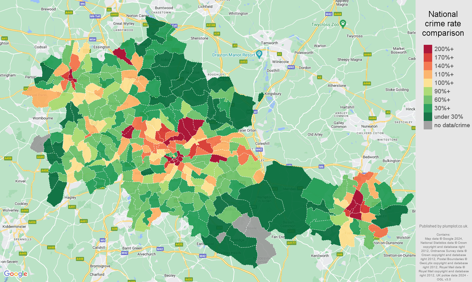 West Midlands county drugs crime rate comparison map