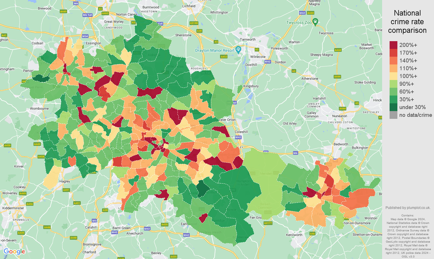 West Midlands county other theft crime rate comparison map