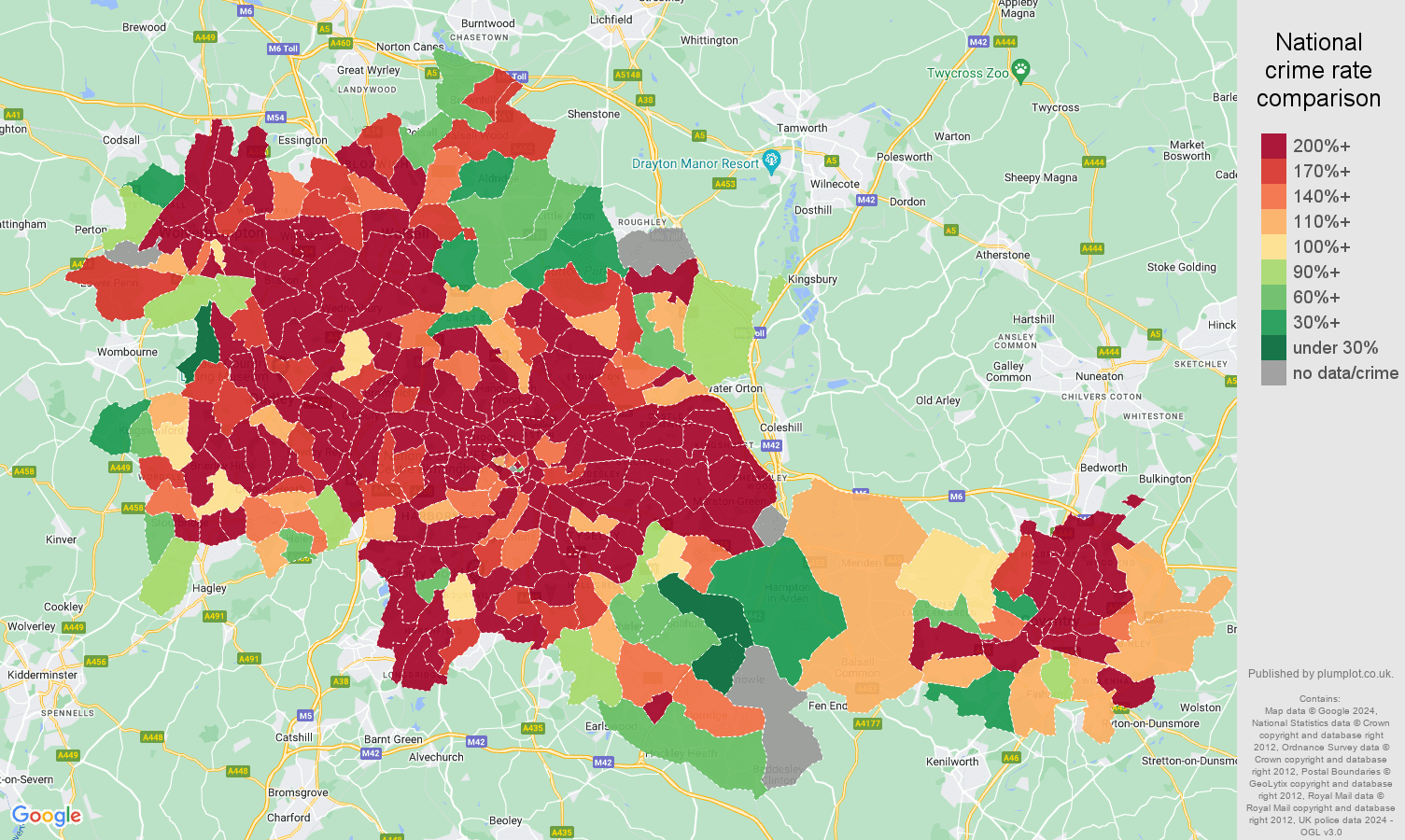 West Midlands county possession of weapons crime rate comparison map