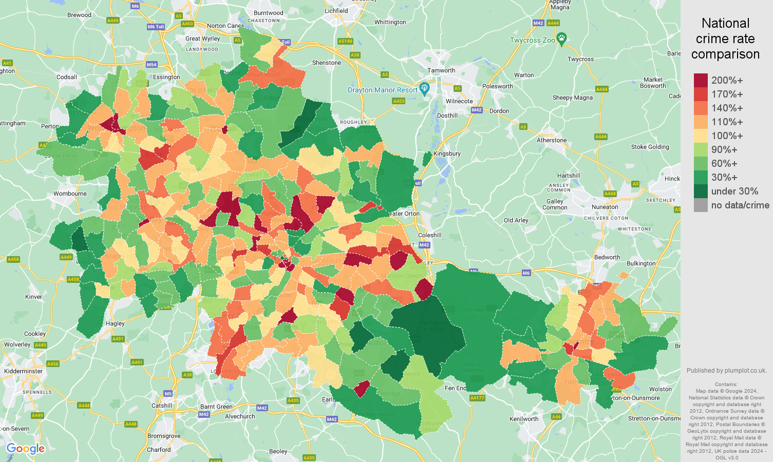 West Midlands county public order crime rate comparison map