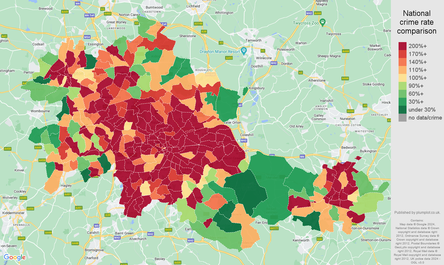 West Midlands county robbery crime rate comparison map