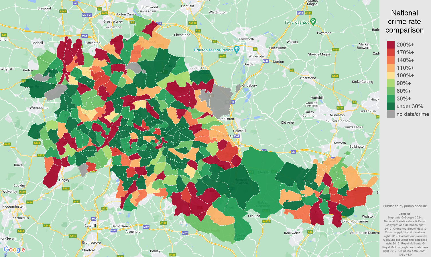 West Midlands county shoplifting crime rate comparison map