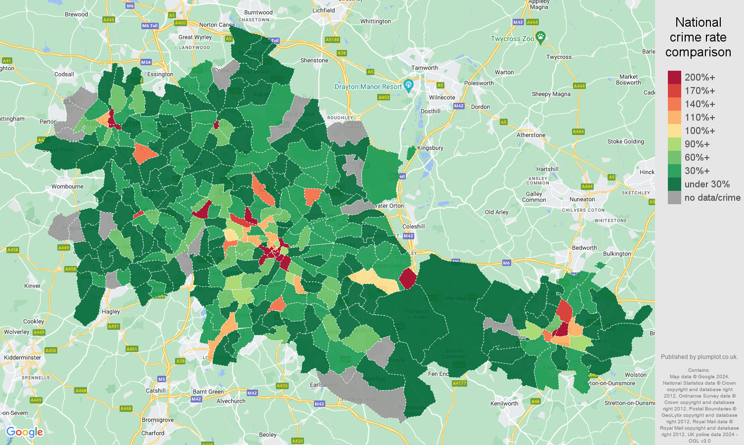 West Midlands county theft from the person crime rate comparison map