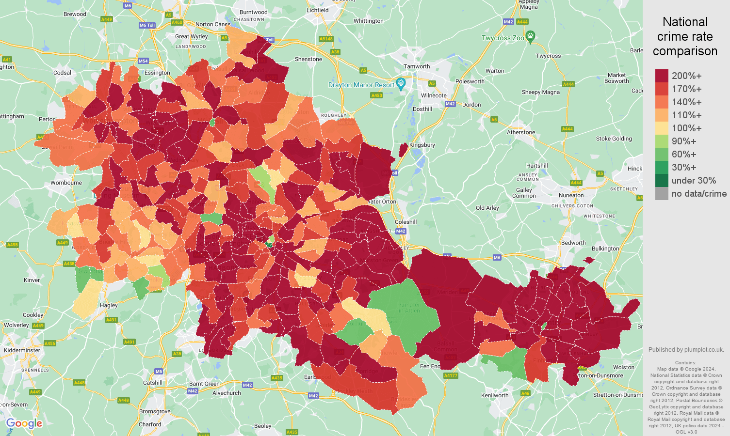 West Midlands county vehicle crime rate comparison map