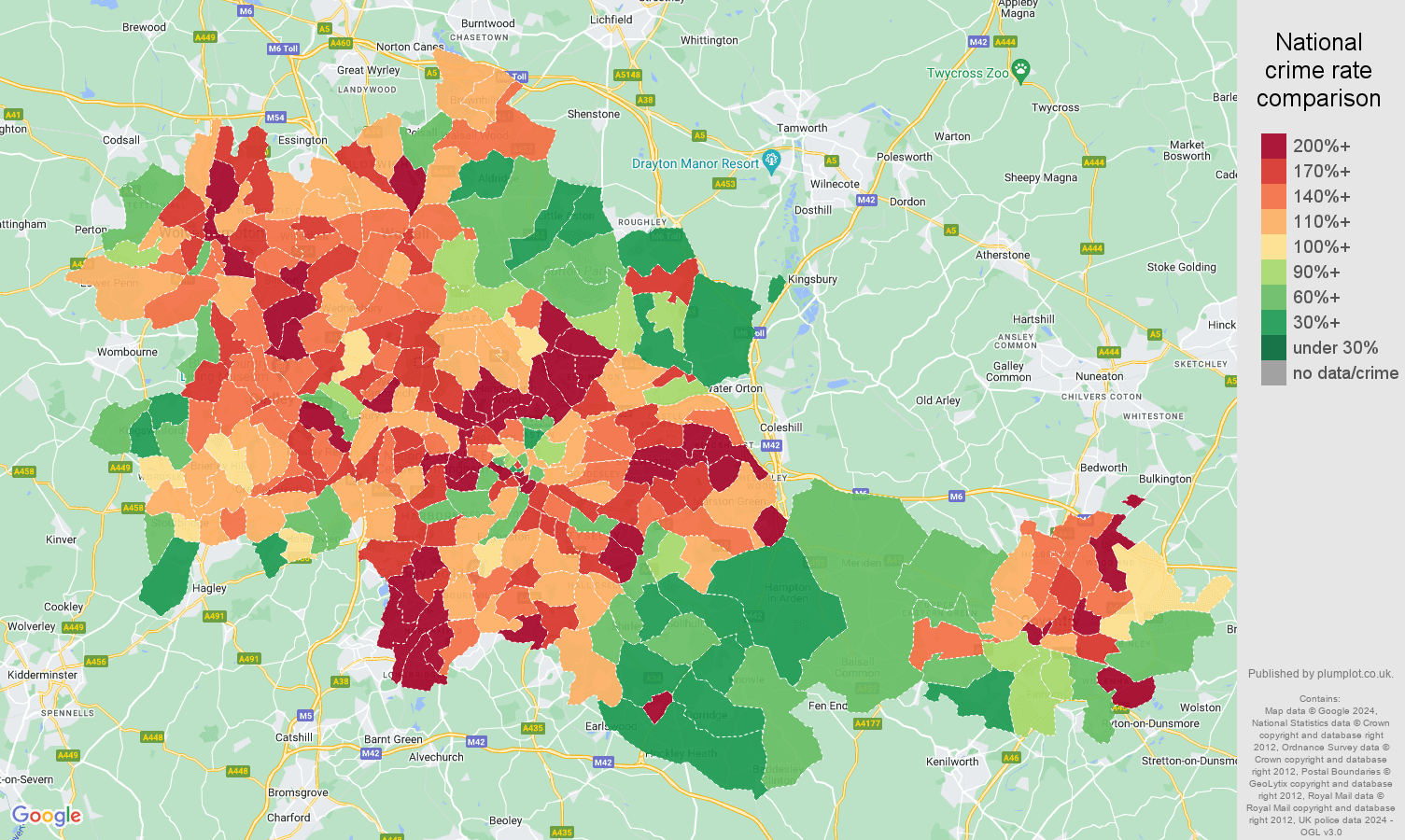 West Midlands county violent crime rate comparison map