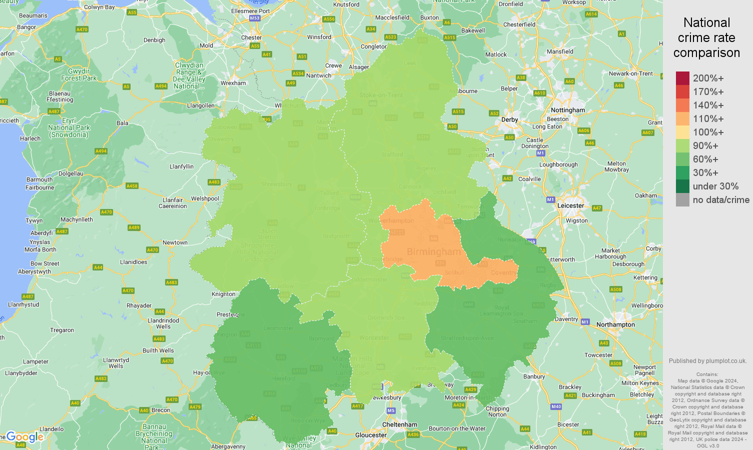 West Midlands criminal damage and arson crime rate comparison map