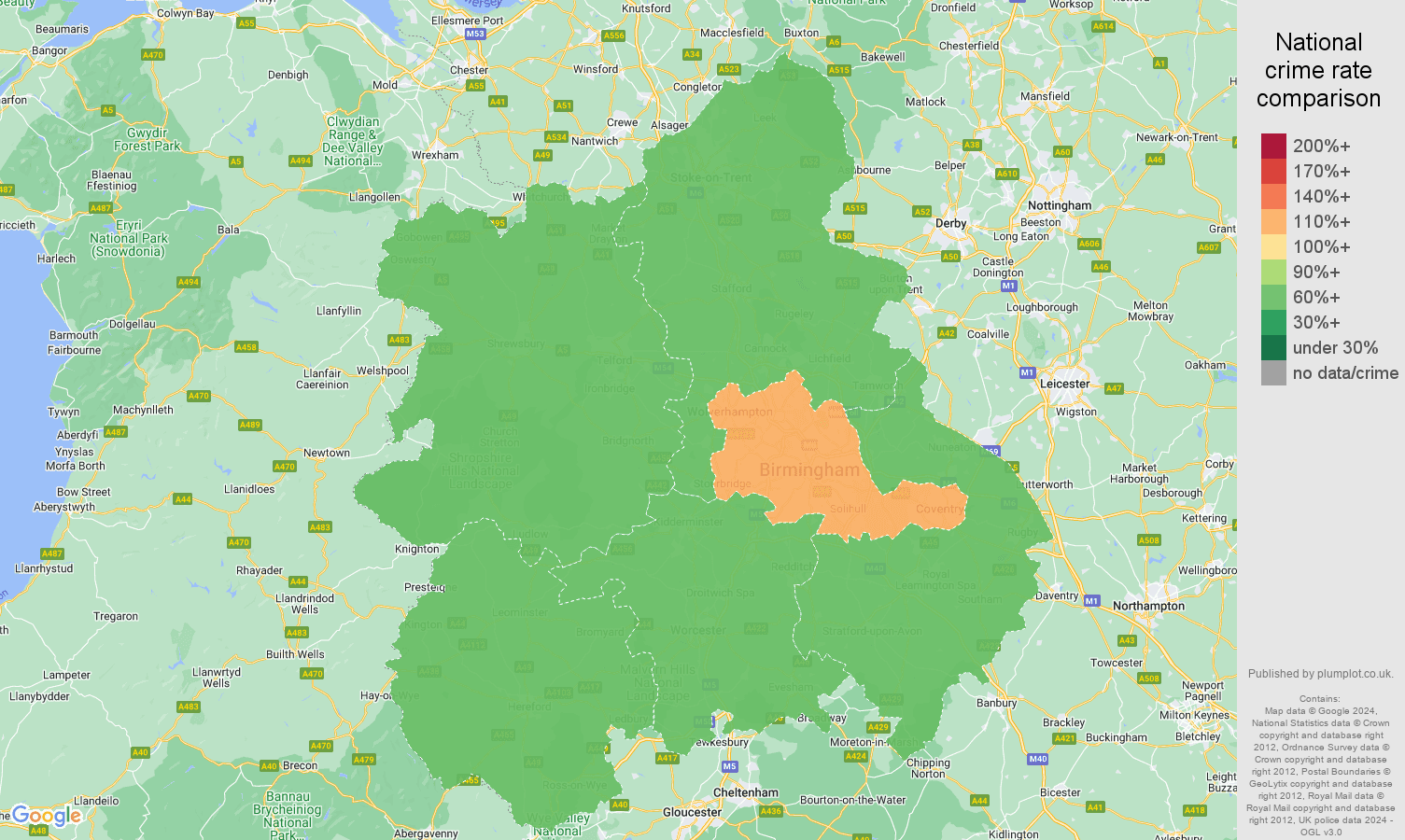 West Midlands other theft crime rate comparison map