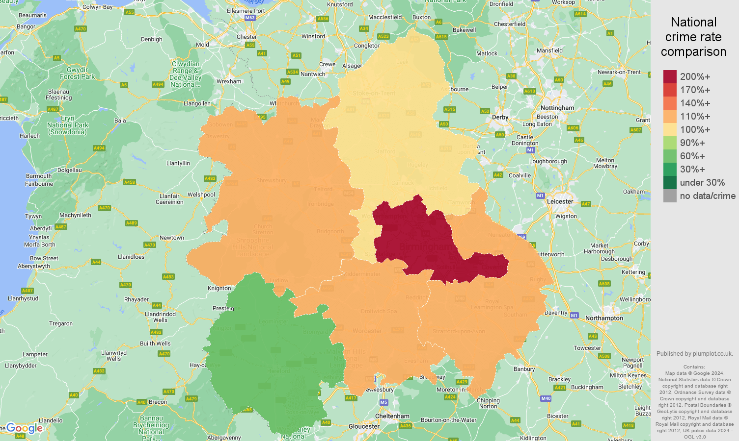 West Midlands possession of weapons crime rate comparison map