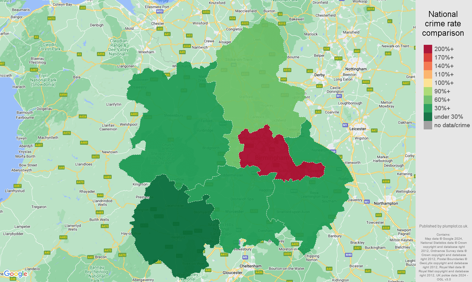 West Midlands robbery crime rate comparison map