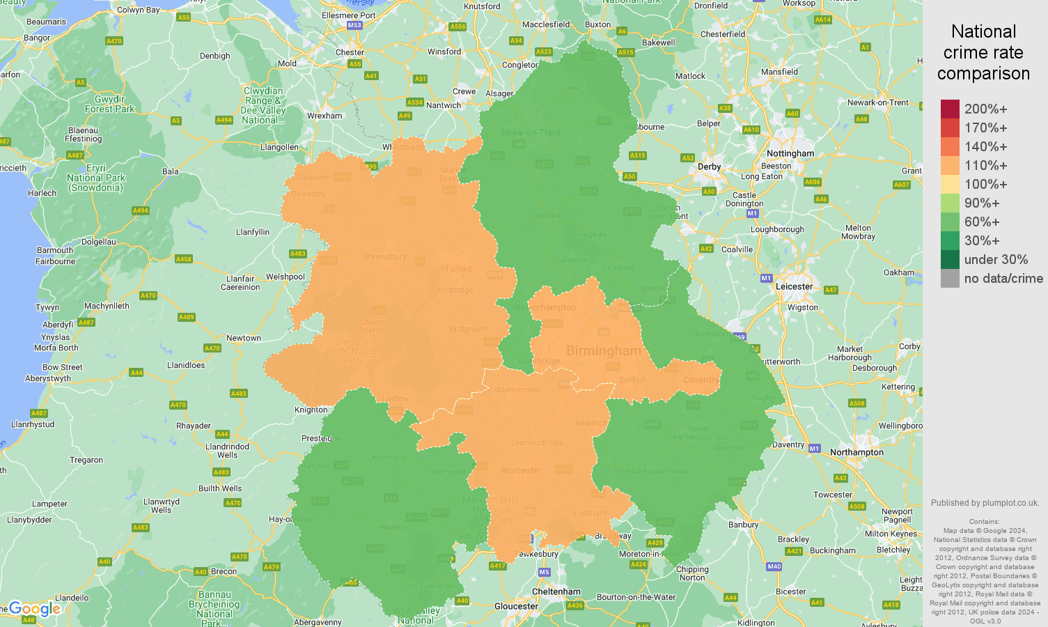 West Midlands shoplifting crime rate comparison map