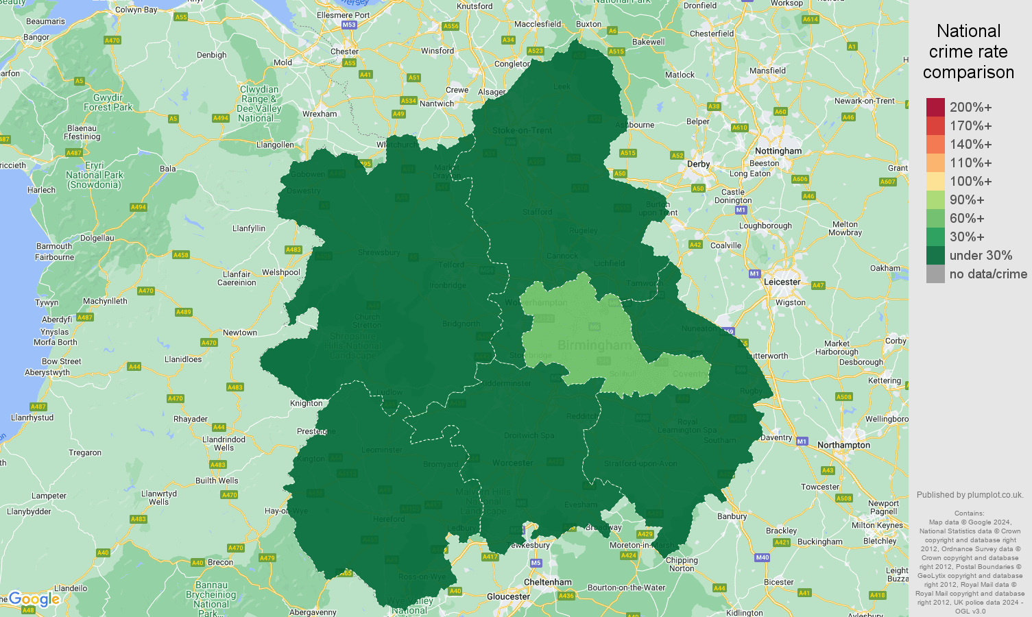 West Midlands theft from the person crime rate comparison map