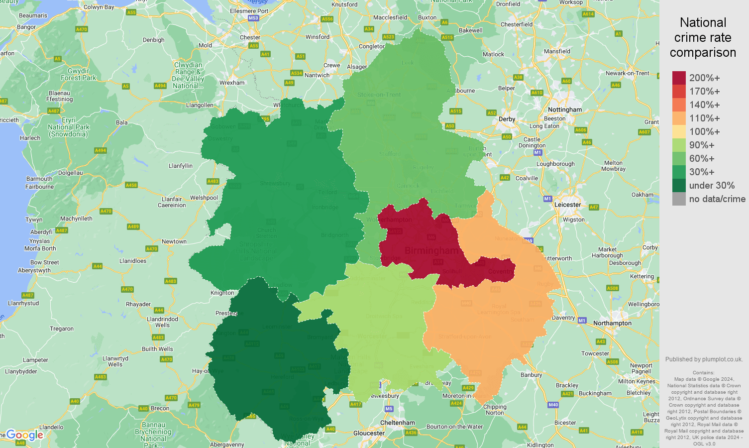 West Midlands vehicle crime rate comparison map