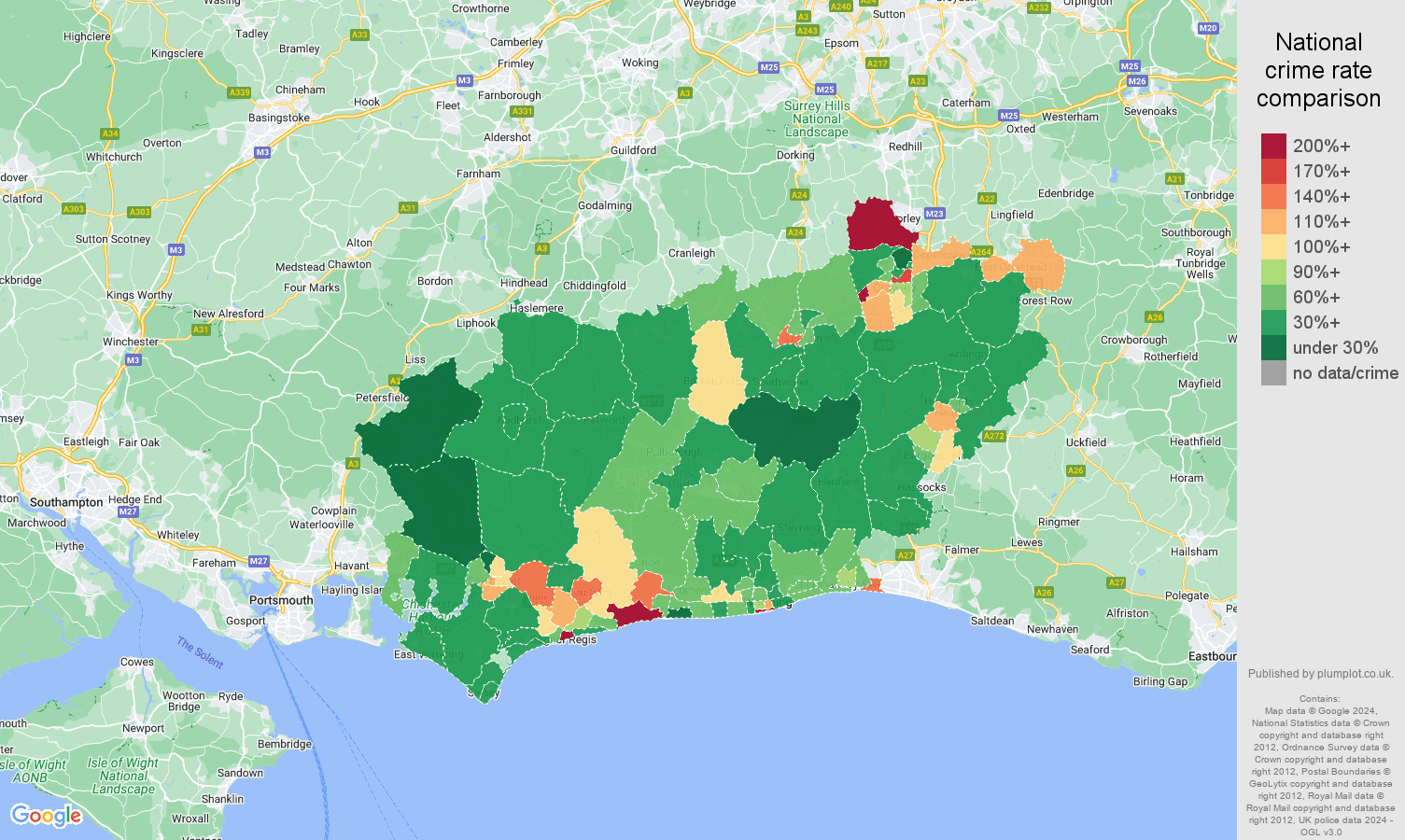 West Sussex antisocial behaviour crime rate comparison map