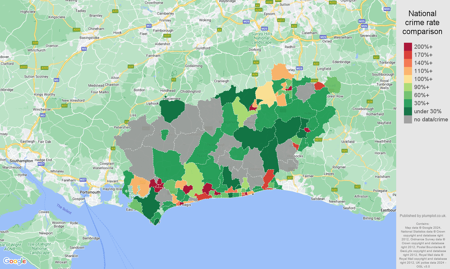 West Sussex bicycle theft crime rate comparison map