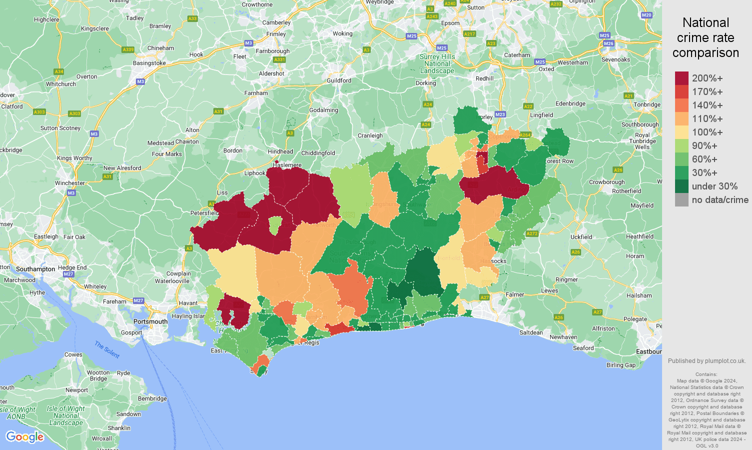 West Sussex burglary crime rate comparison map
