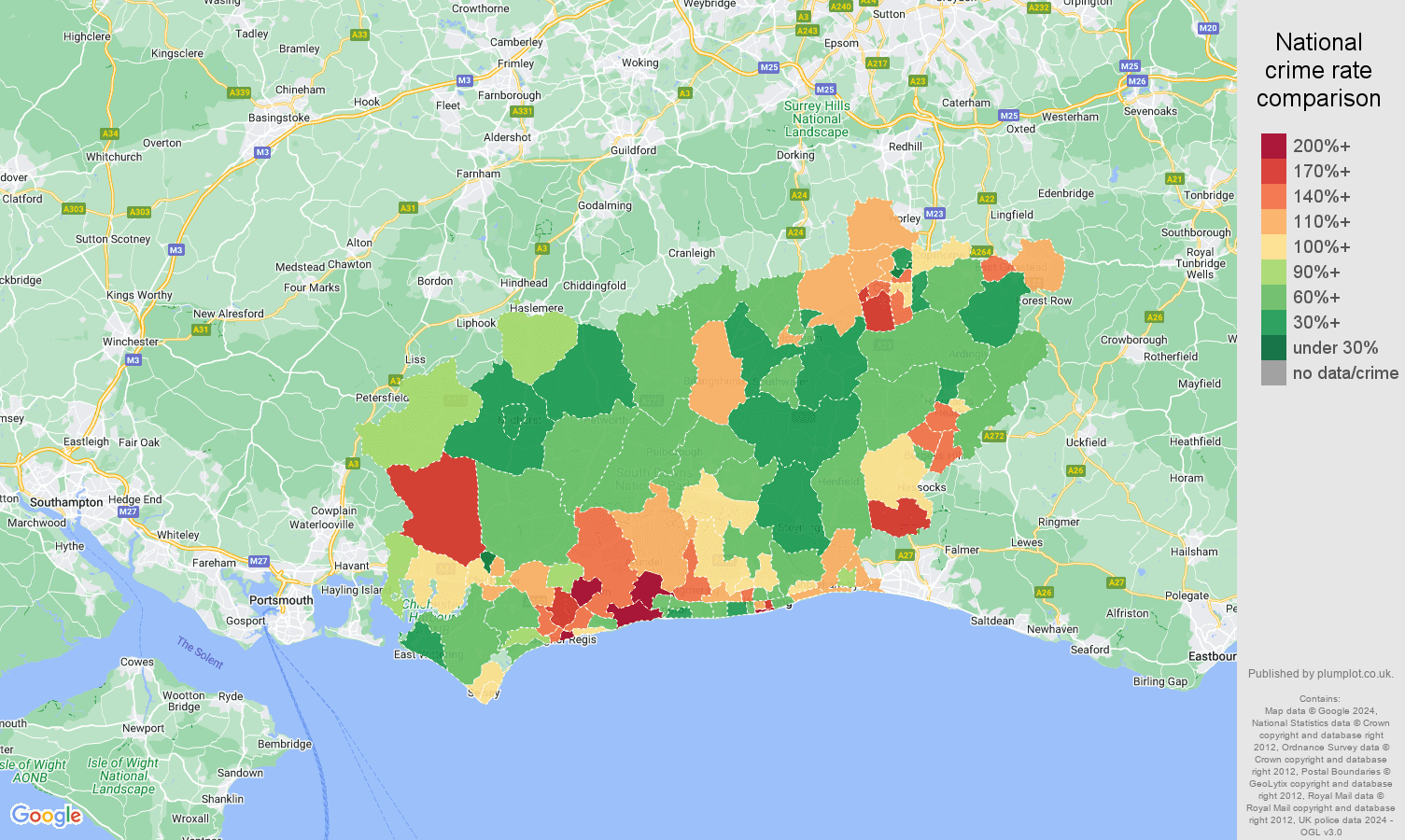 West Sussex criminal damage and arson crime rate comparison map