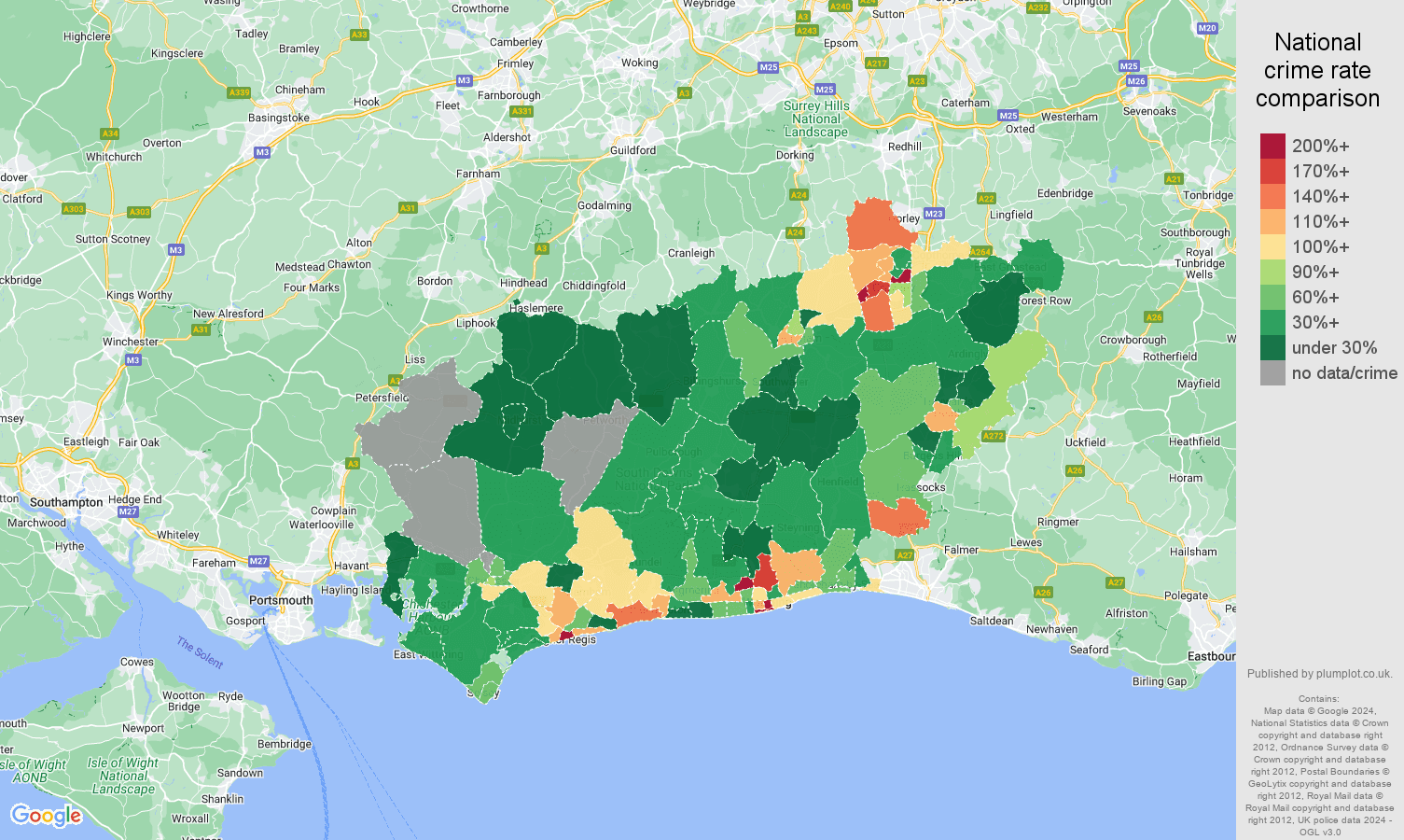 West Sussex drugs crime rate comparison map