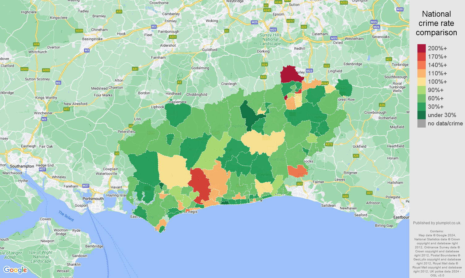 West Sussex other theft crime rate comparison map