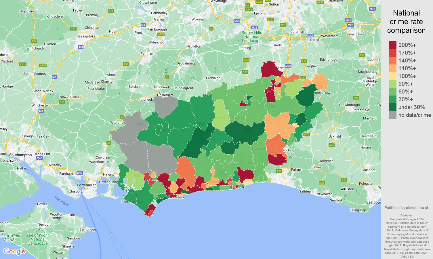 West Sussex possession of weapons crime rate comparison map